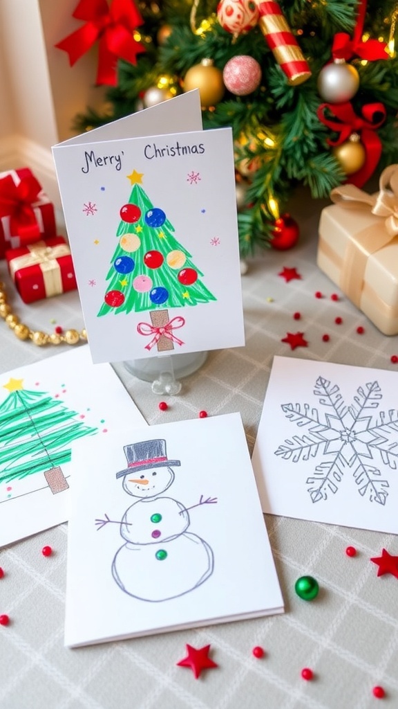 Handmade Christmas cards with simple drawings of a Christmas tree, snowman, and snowflakes on a festive table.